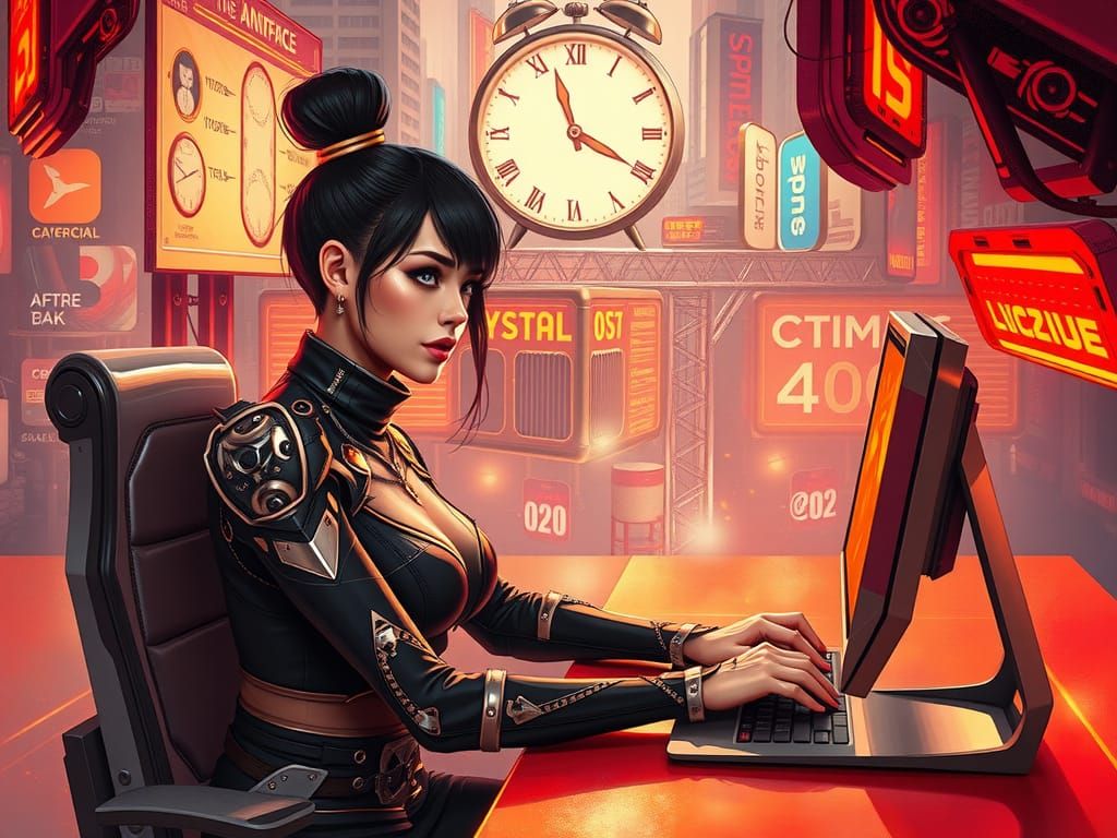 Cyberpunk Woman at Desk in Futuristic Cityscape