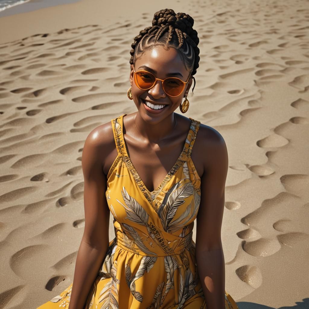 Smiling Woman with Cornrows in Summer Dress at Beach