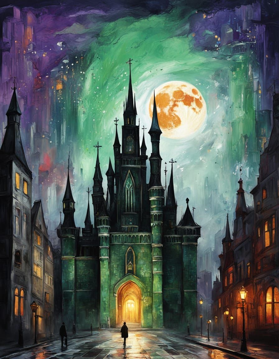Fairytale Castle Under Moonlight: Impasto Painting
