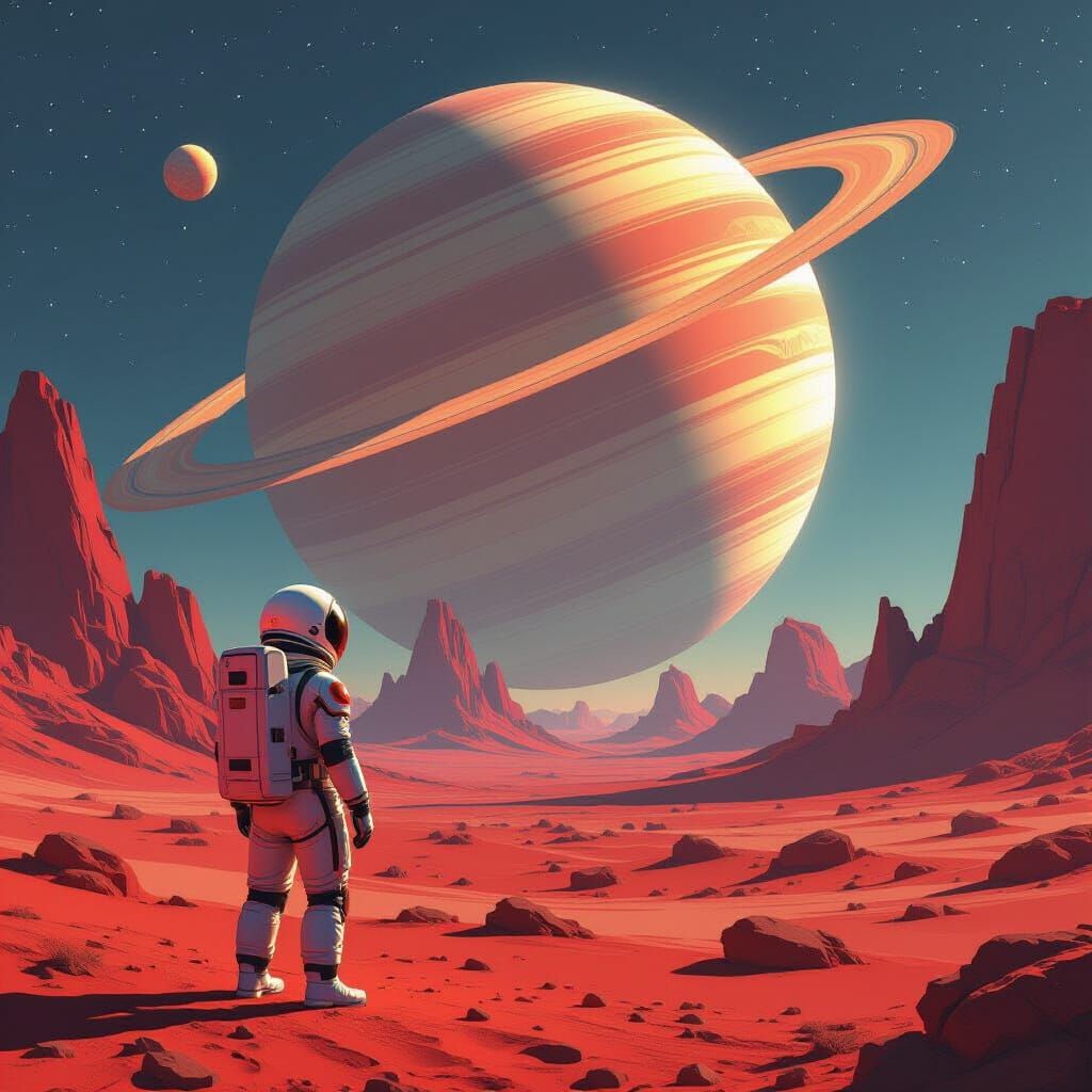 Astronaut on Crimson Planet Gazing at Ringed Gas Giant
