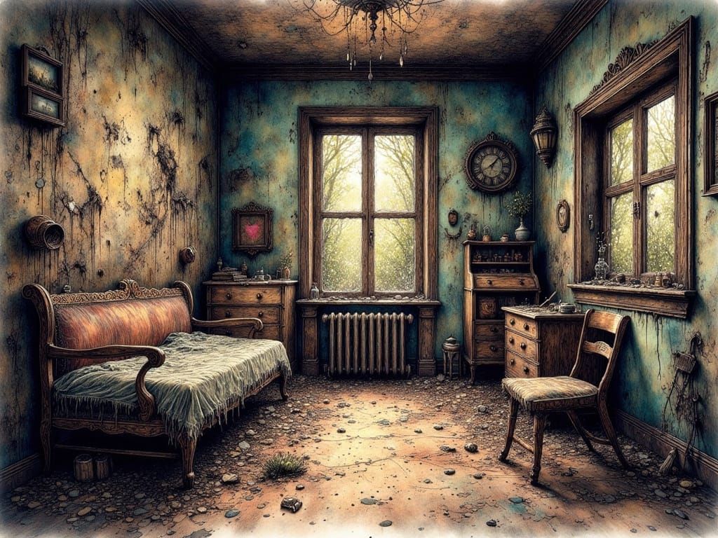 Abandoned Room Illustration in Whimsical Style