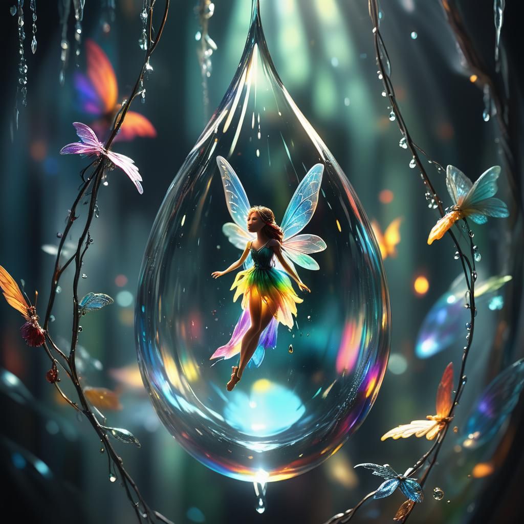 Fairy trapped inside a glass teardrop