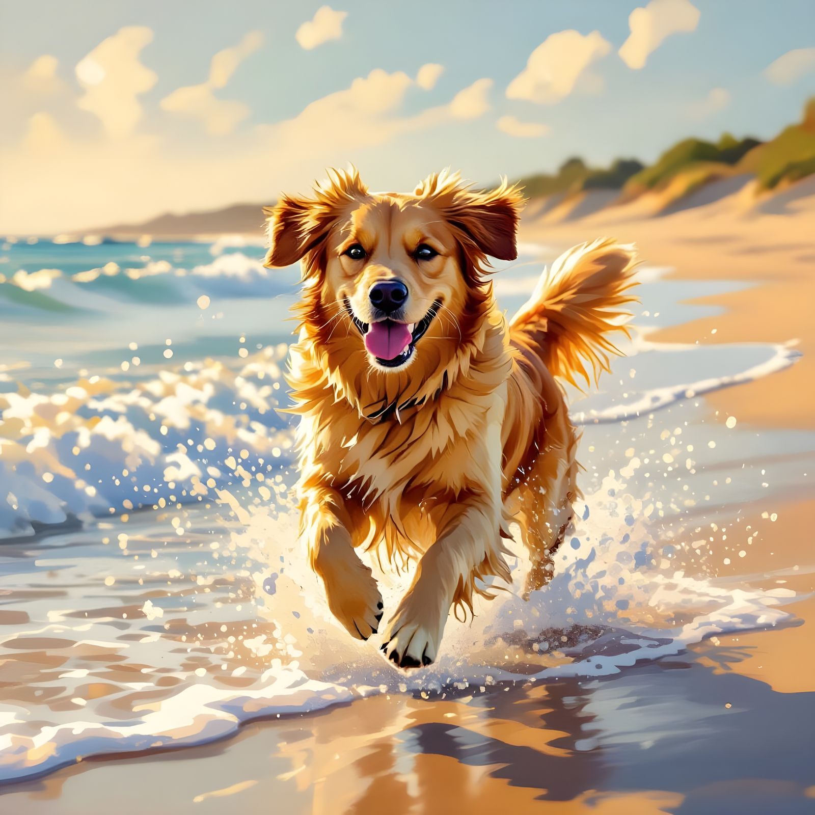 Golden Retriever Leaping in Sunny Beach Waves
