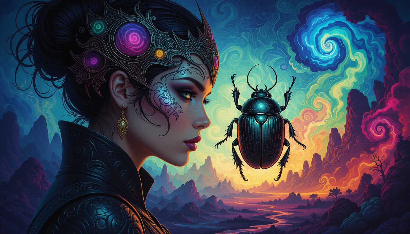Surreal Warrior Enters Beetle Shield in Fantasy Landscape
