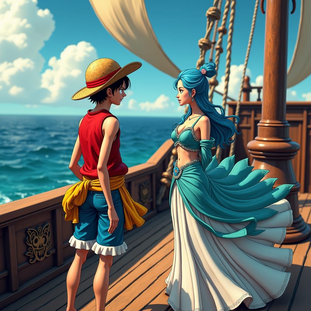 Luffy's Embarrassment on a Dreamlike Pirate Ship