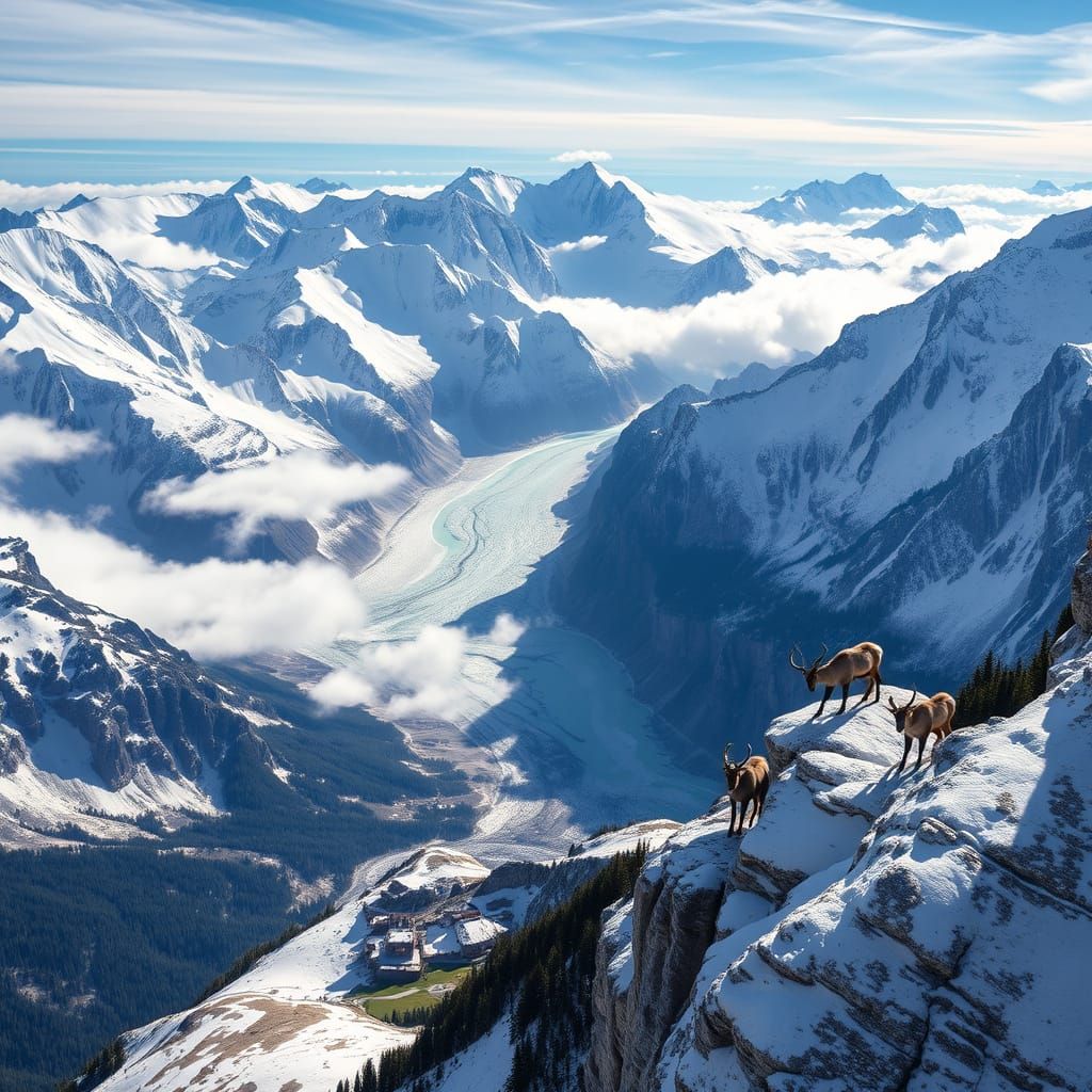 Swiss Alps Panorama: Ibex Climb Snowy Peaks