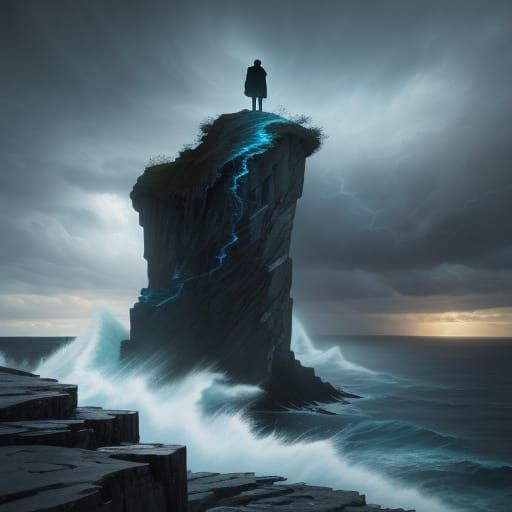 Lone Figure on Cliff Overlooking Stormy Sea Concept Art