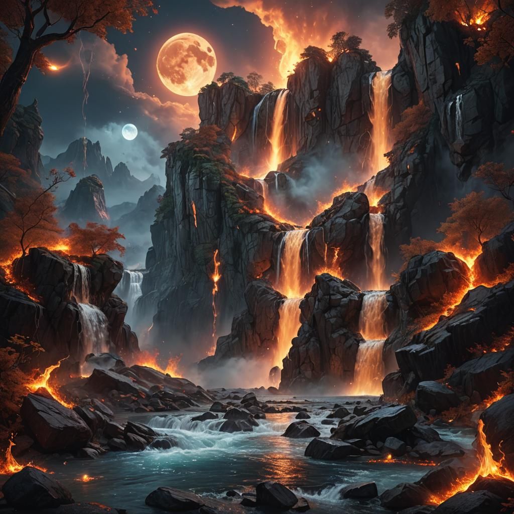 Fire and Waterfalls Merge Under the Moon