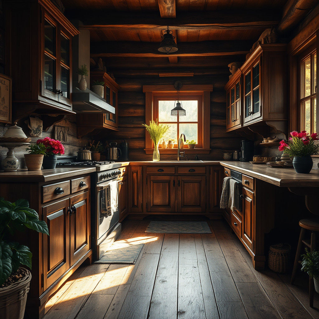 Cozy Rustic Cabin Kitchen in Golden Light