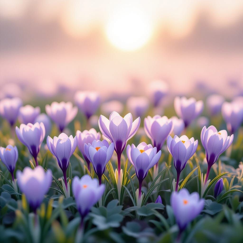 Hyperrealistic Crocus Field in Ethereal Mist - Romantic Wate...