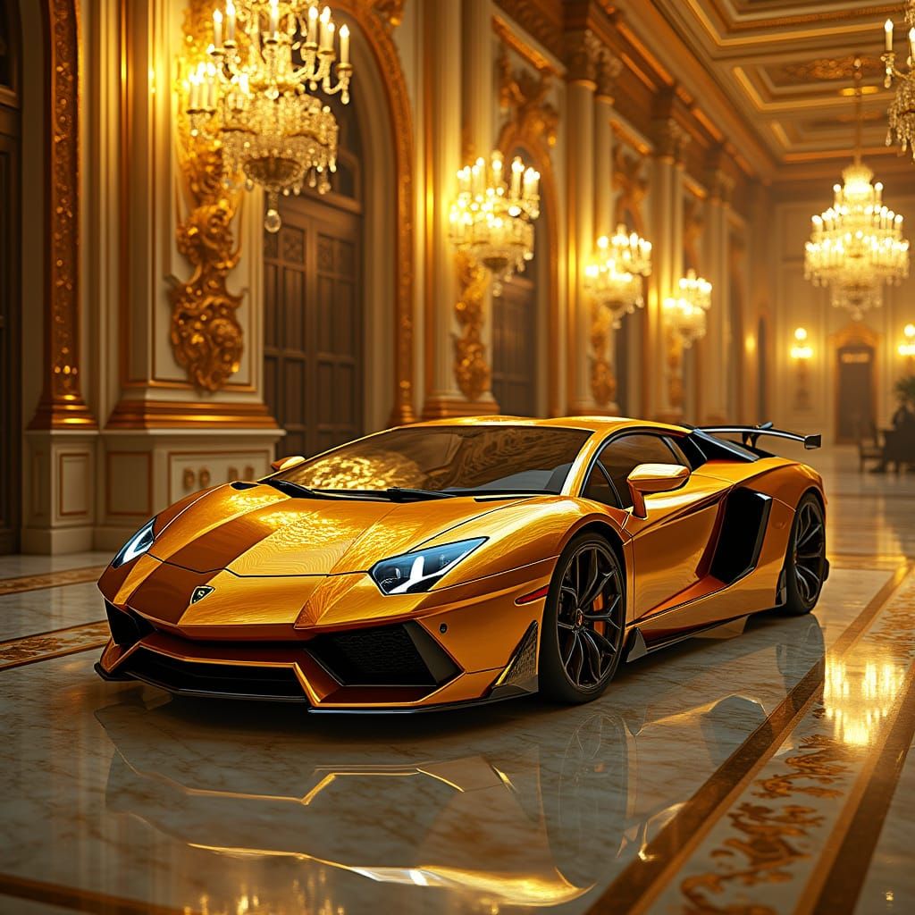 Luxurious Golden Lamborghini in Futuristic Opulent Mansion