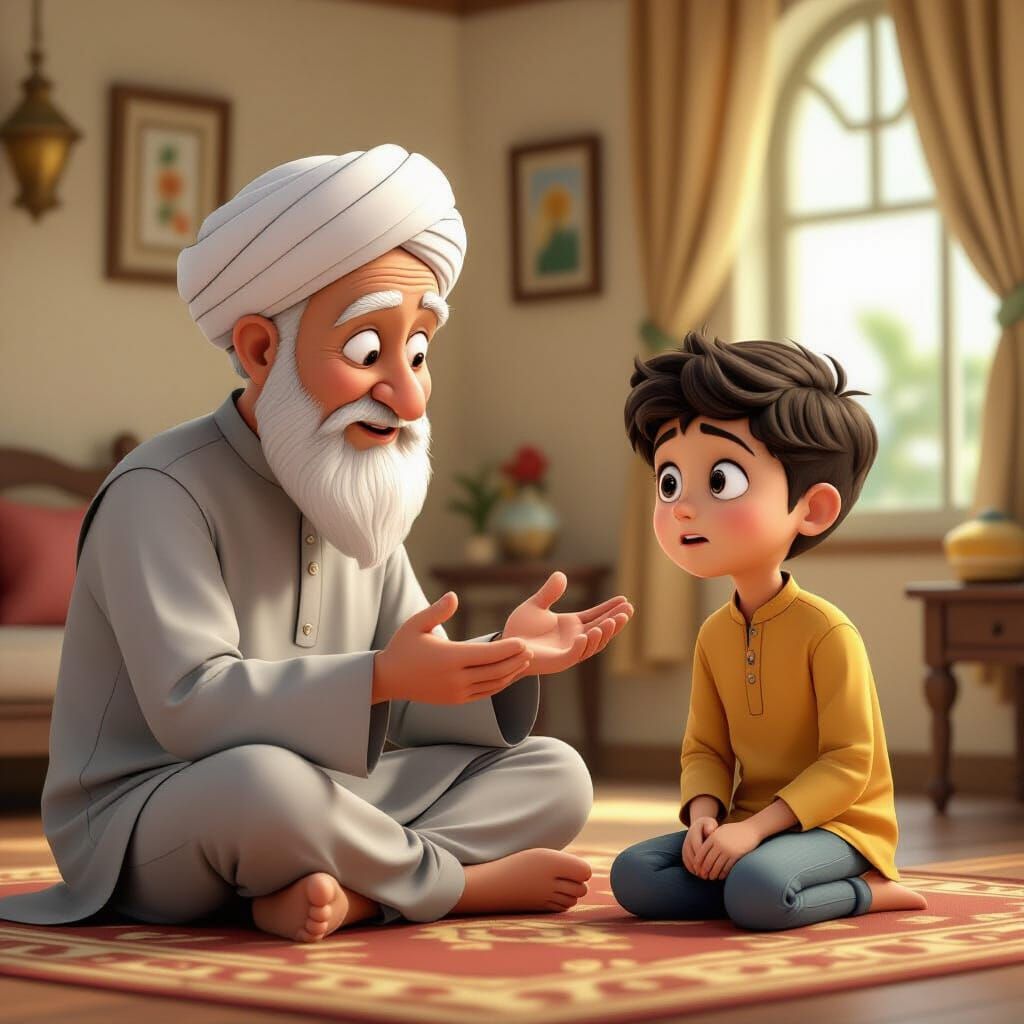 Elderly Man Questioning Boy: 3D Islamic Cartoon