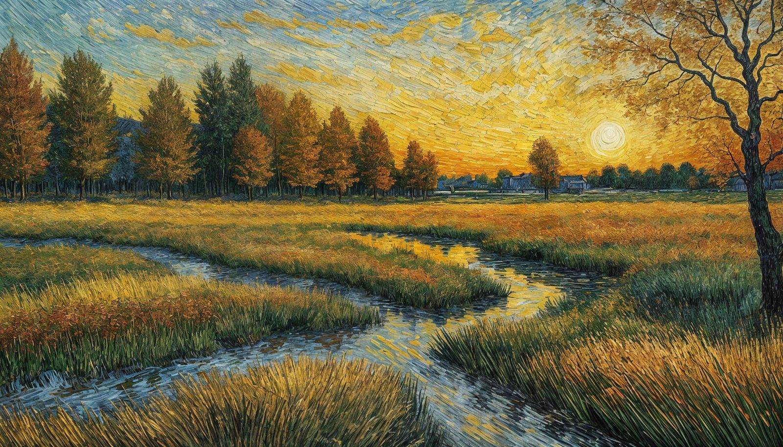 Autumn Sunset in Van Gogh Style