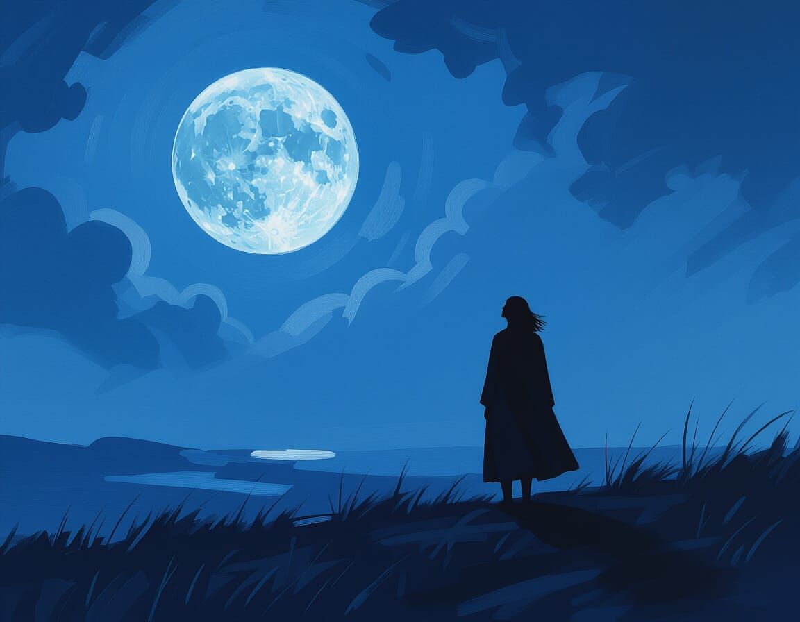 Figure Gazing at Moonlit Sky in Oil Painting