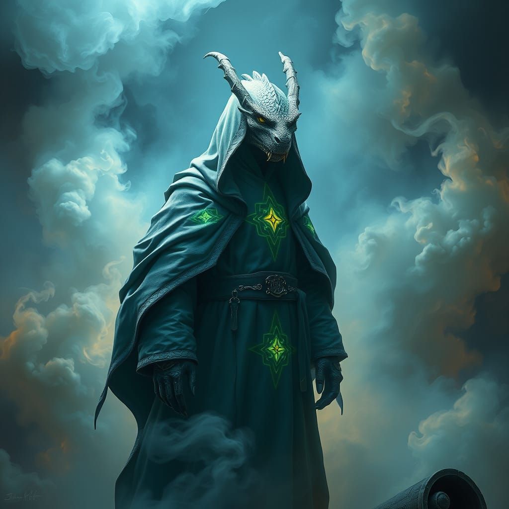 Dragon Shaman in Surreal Iridescent Fog