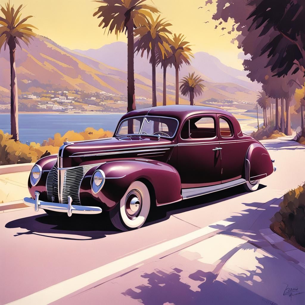 1940 Lincoln Zephyr on Coastal Road, Syd Mead Style