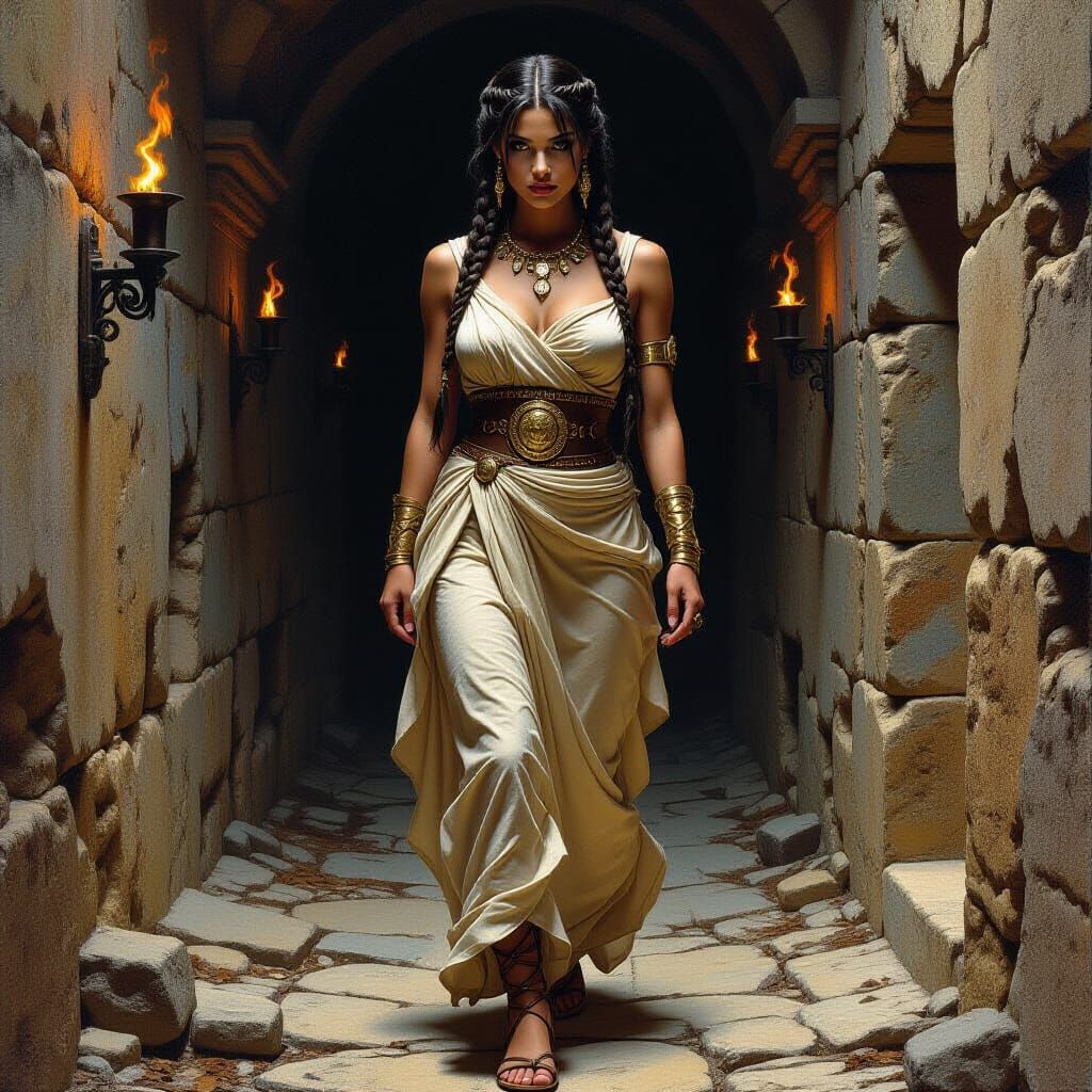 Woman Explores Ancient Hallway in Fantasy Oil Painting Style
