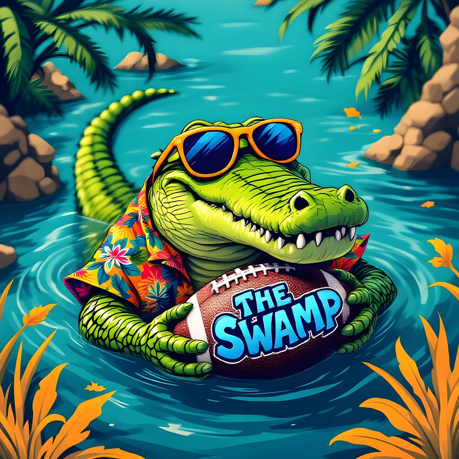 Happy Hippie Alligator in Whimsical Swamp: Pop Art