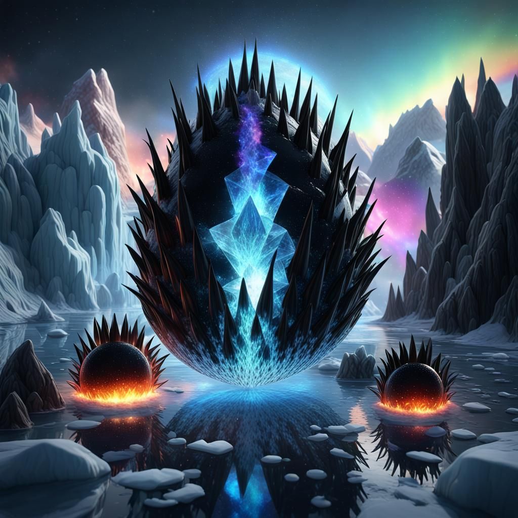 Icy Lake Sphere with Aurora Sky: Fantasy Art