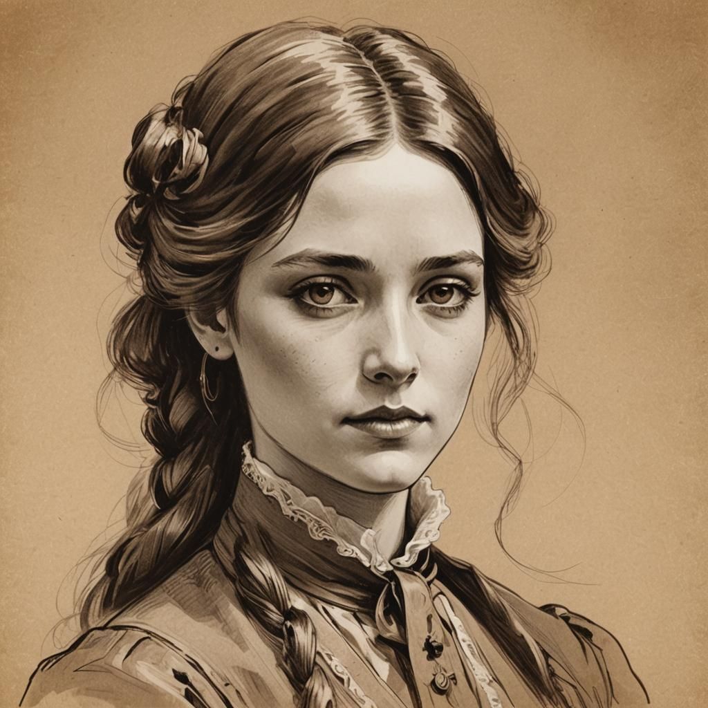 Victorian Female Literary Character in Sepia Sketch