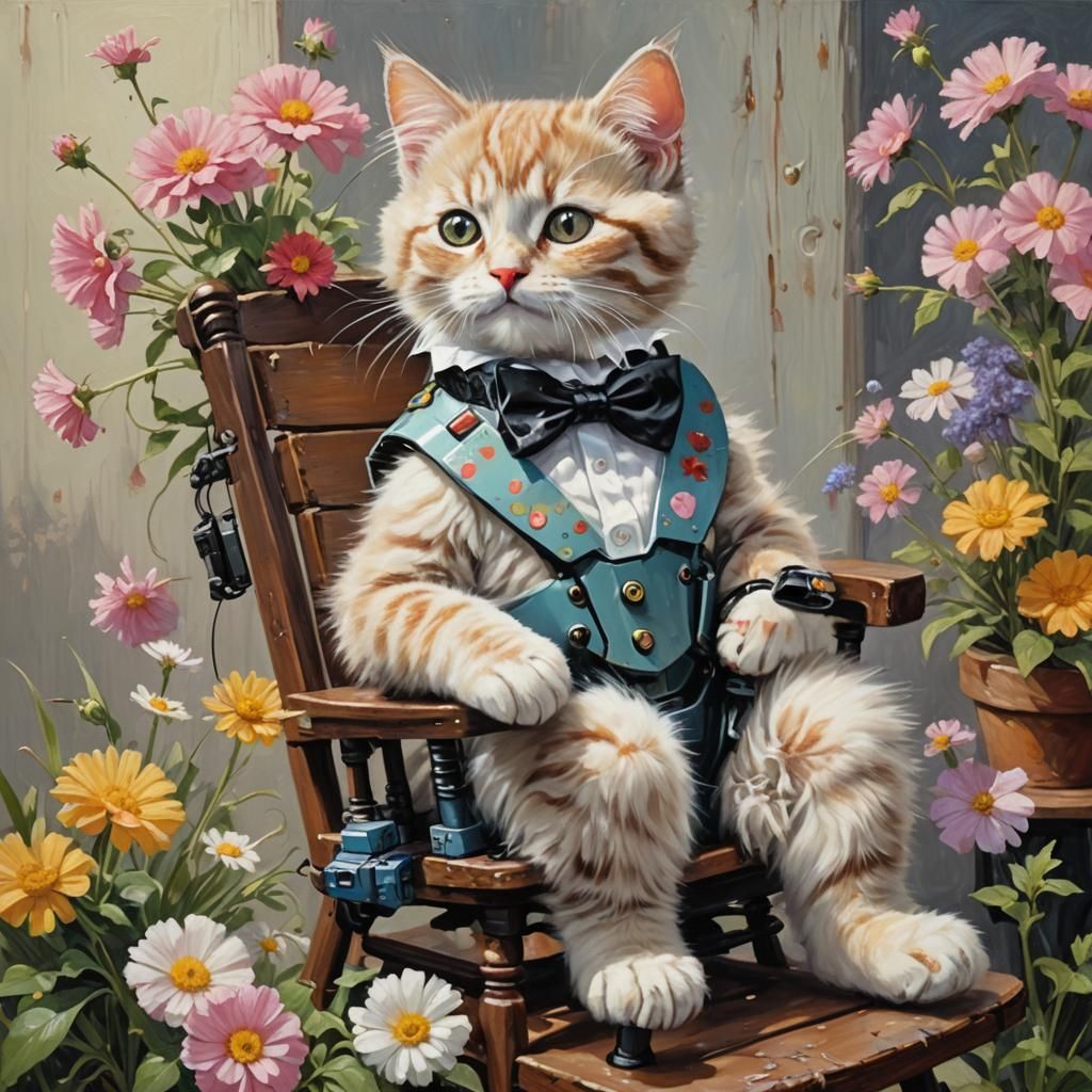 Cyborg Kitten in Oil Painting Style