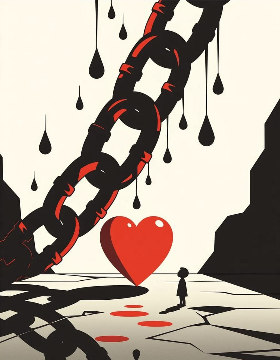 Symbolic Chains Formed from Water Drops with Red Heart