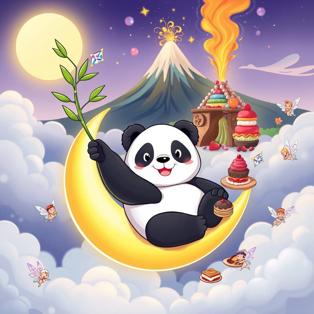 Whimsical Chibi Panda in Dreamlike Cartoon Landscape