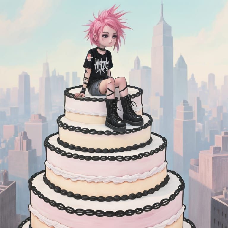 Punk Girl on Giant Cake Above City