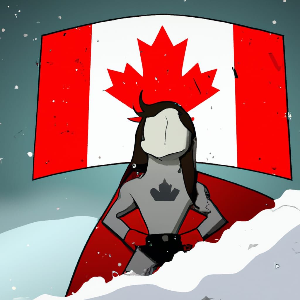 Canadian Flag in Snowstorm with Superhero Shadow