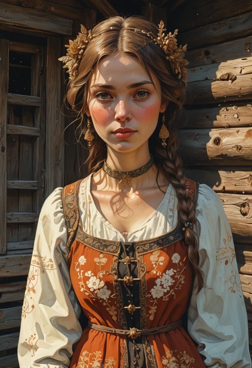 Russian village girl with brown hair, in the style of Russia...