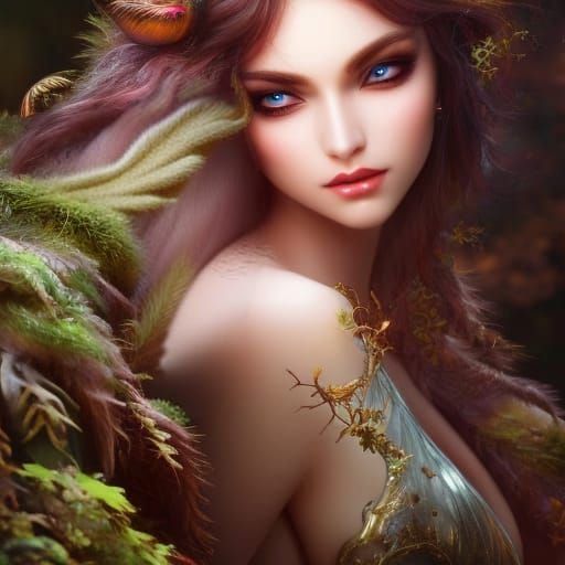 A female Dryad in the fall forest. Full body portrait showing face!!!
