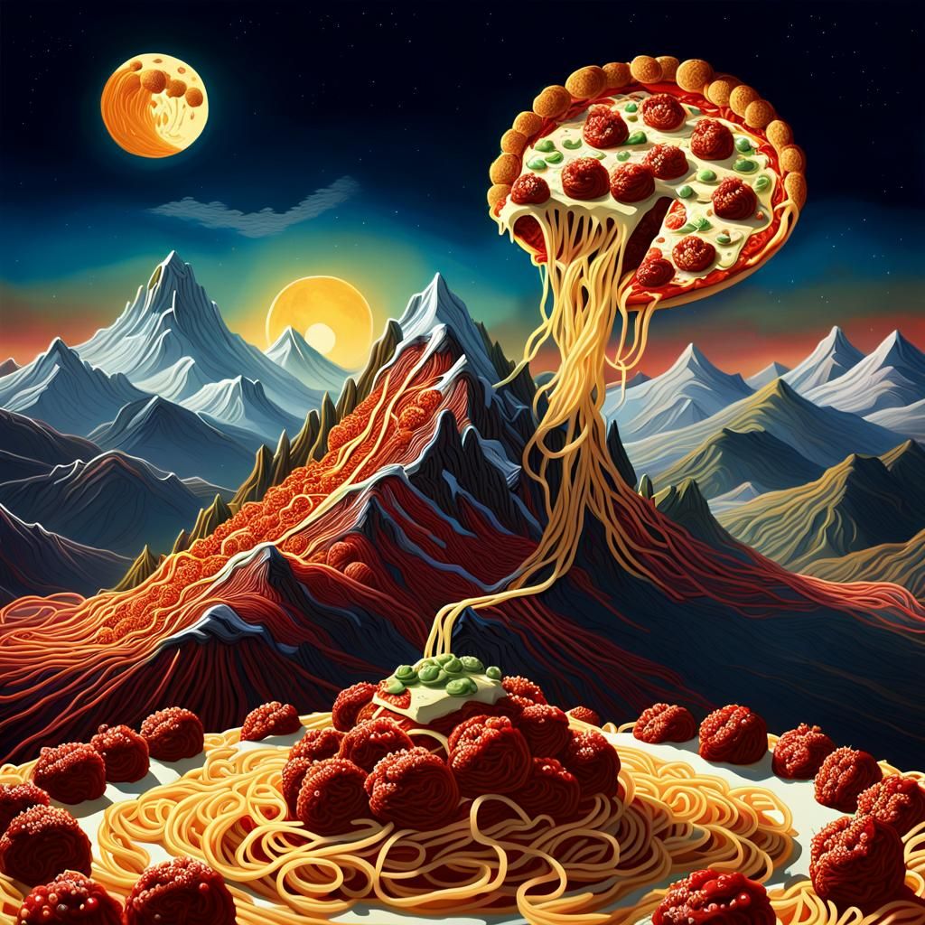 Meatball Mountain Under Pizza Moon: Surreal Landscape