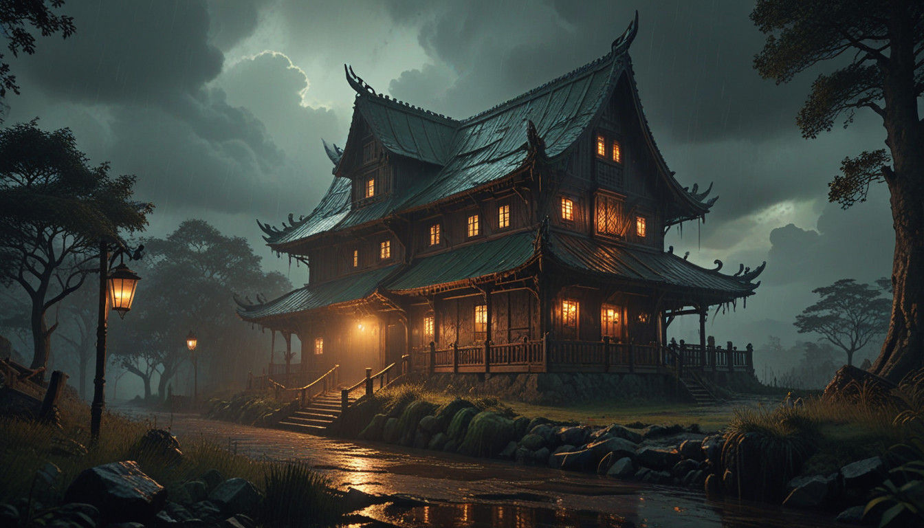 Medieval Inn in Mysterious Stormy Weather