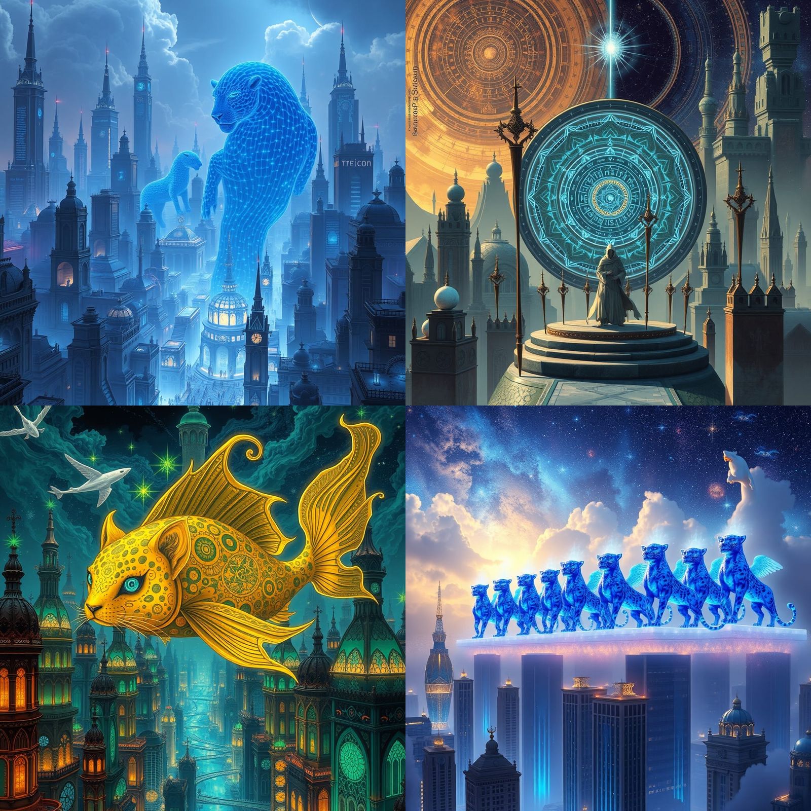 Surreal Cityscape with Blue Leopard Gods