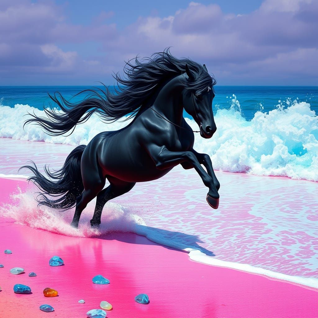 Galloping Stallion on Vibrant Pink Sand Beach