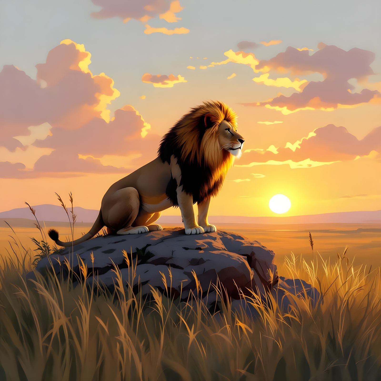 Lion Surveys Savanna Kingdom in Wildlife Painting Style