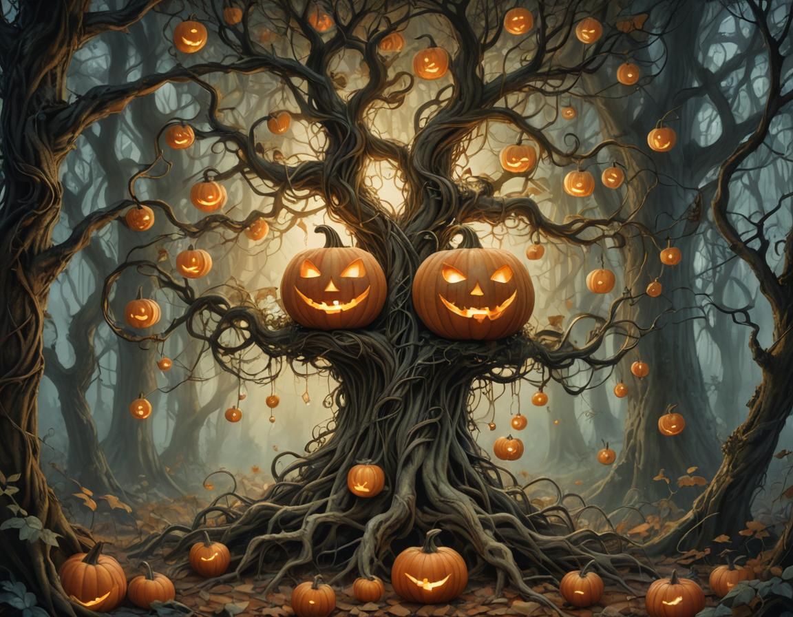 Glowing Pumpkin Tree in Mystical Forest