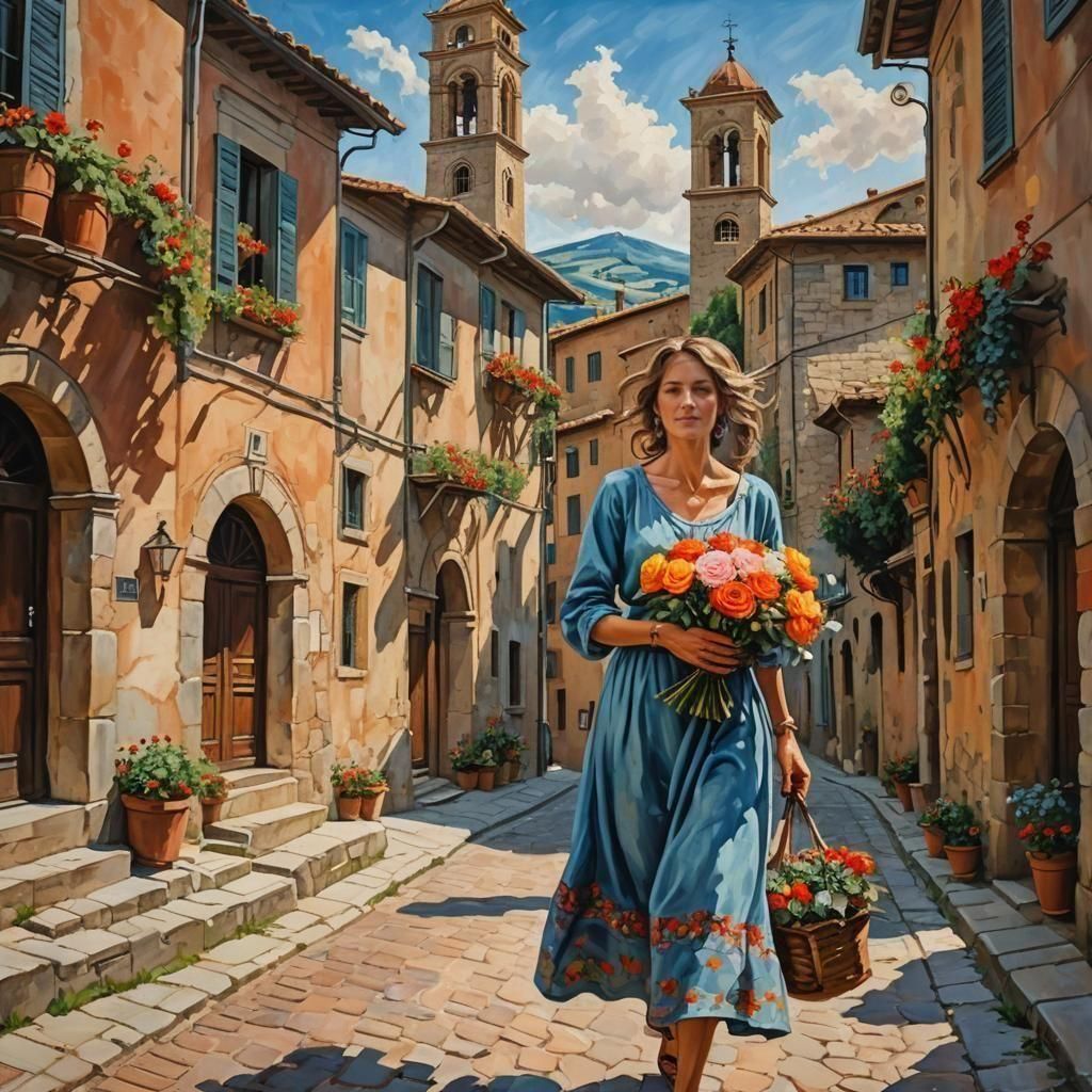 Elegant Boho Woman Meanders Cortona Streets