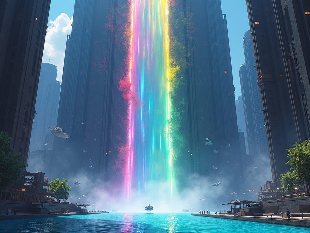 Envision a colossal waterfall cascading down the side of a t...