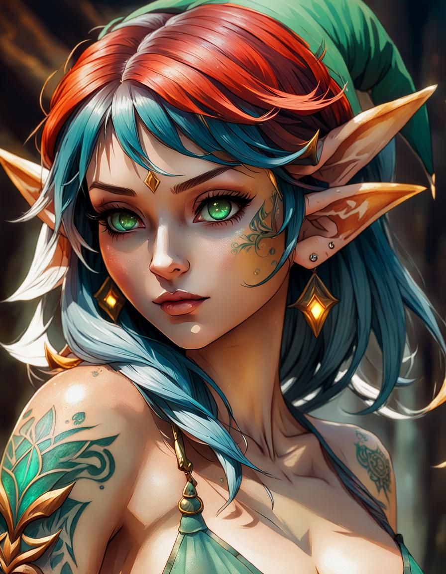 Elf Girl Portrait with Tattoo in Anime Style