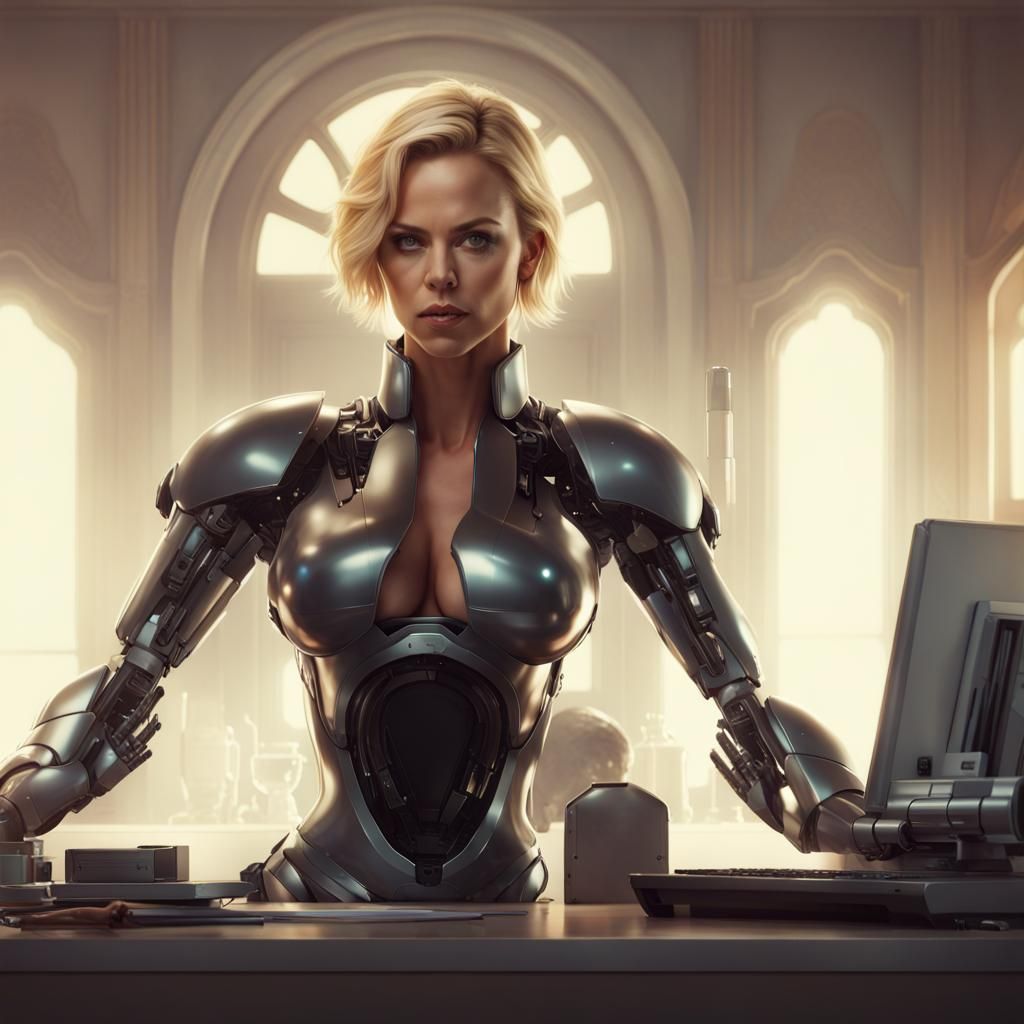 Cyborg Charlize Theron at Desk, Digital Art