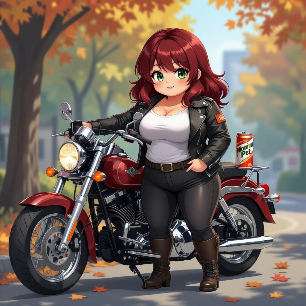 Anime Woman in Leather Jacket with Classic Motorcycle