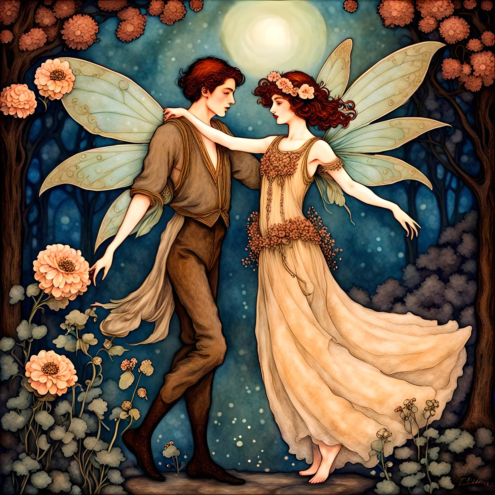 fantasy fairy couple dancing,  flowers, mysterious, art nouv...