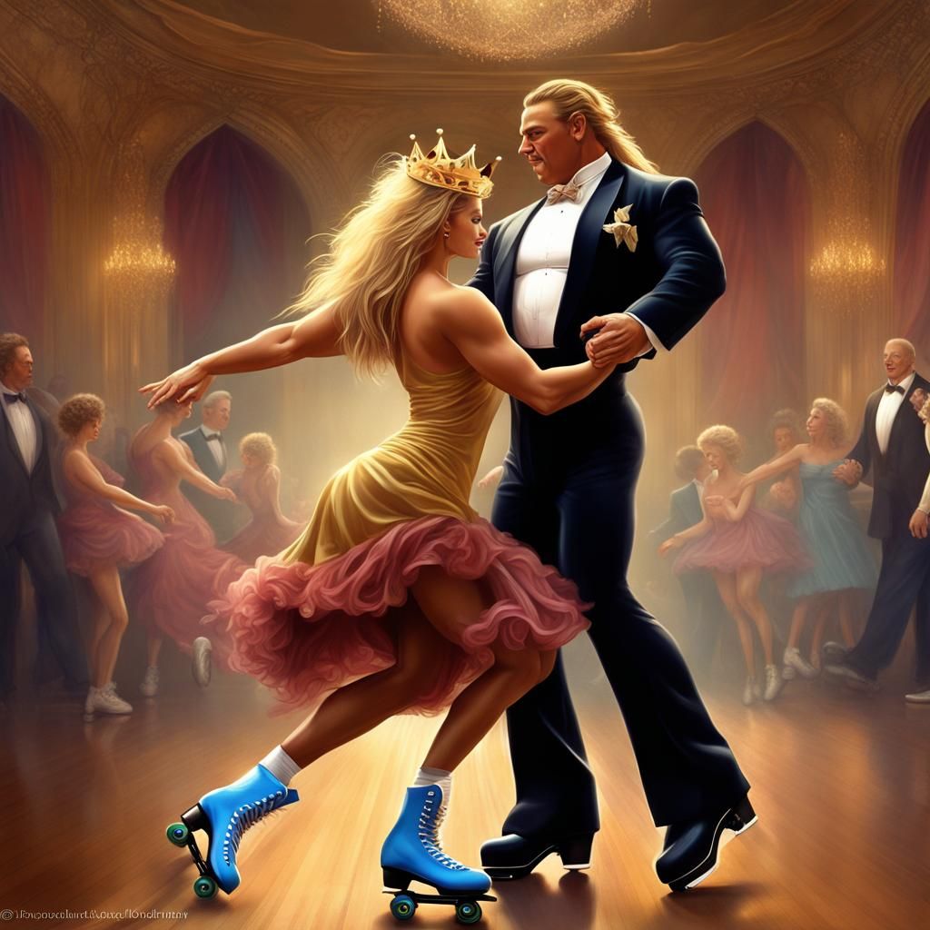 Giant Bodybuilder and Petite Woman Dancing on Roller Skates