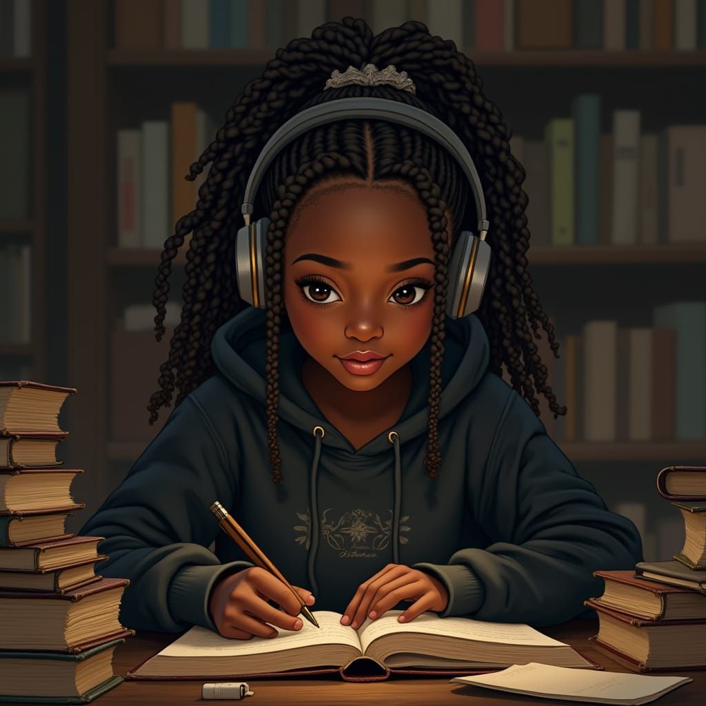 A Young Dark-Skinned Girl in Cozy Study Mode