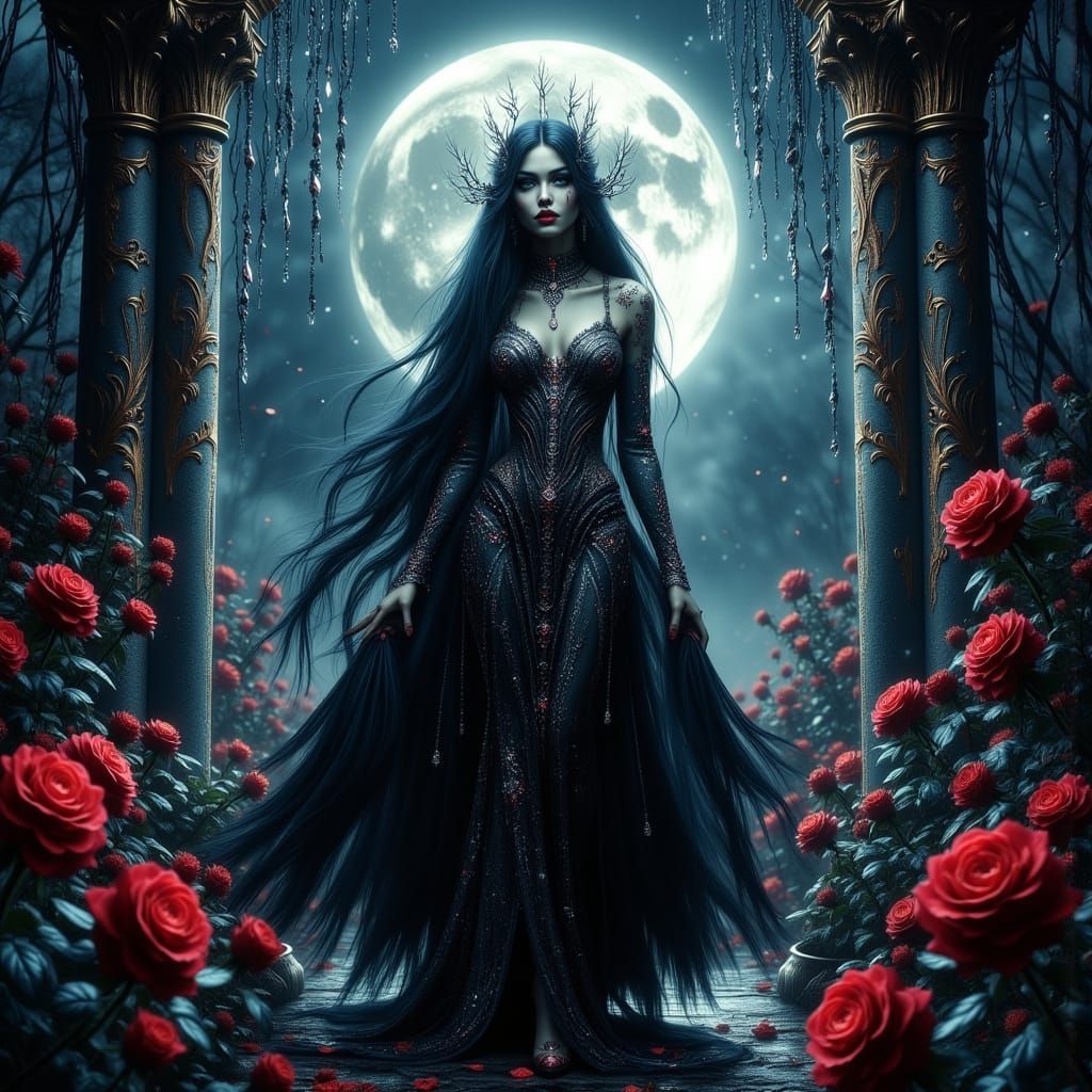 Gothic Vampire Queen in Moonlit Rose Garden