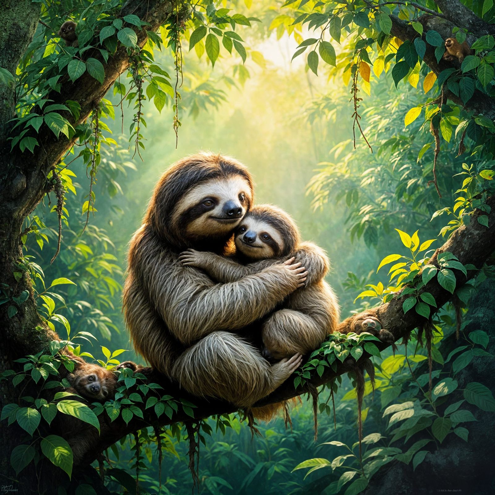 Momma and Baby Sloth Embrace on Tree Branch in Jungle