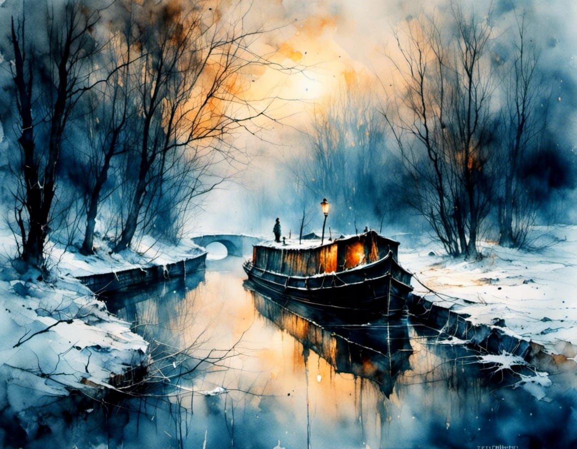Snowy Canal Barge at Night: Impressionist Watercolor