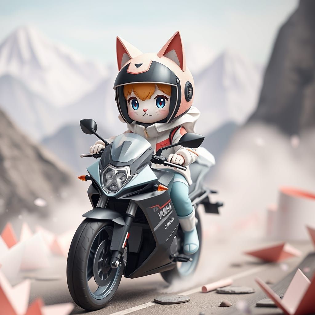 Anime Neko Chan Cruises Through Misty Mountains
