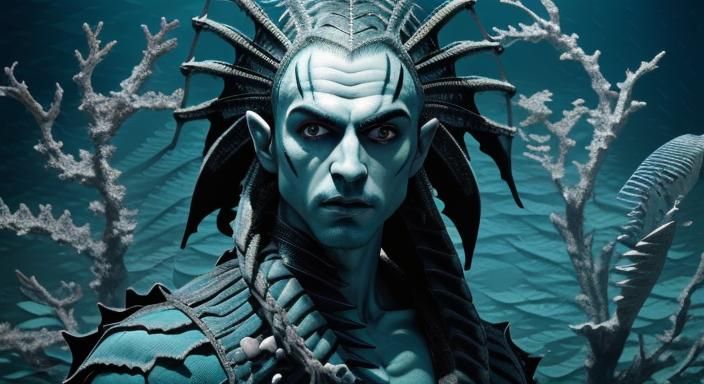 Sinister Bald Merman in Dark Coral Reef, Photorealistic